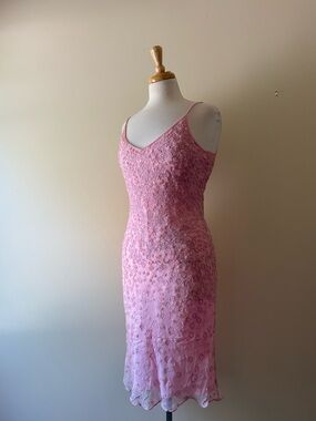 100% Silk Pink Floral Beaded Midi Dress Y2K BNWOT